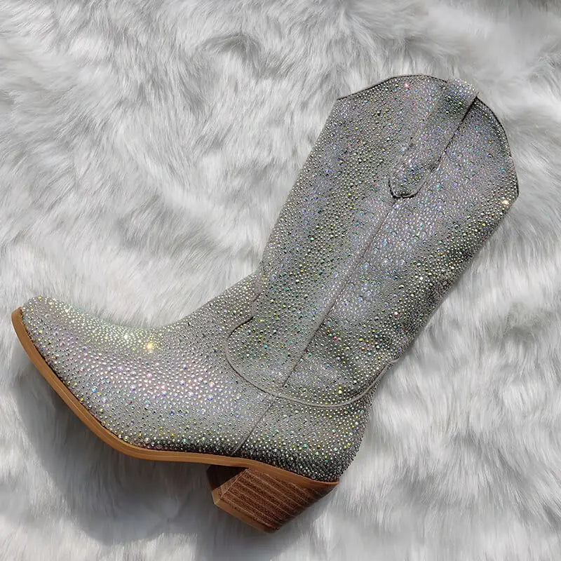 Onlymaker Women Side Zipper Knee High Boots Rhinestone Booties Glitter Bling Shiny Western Pointed Toe Block Heel  Cowgirl Boot