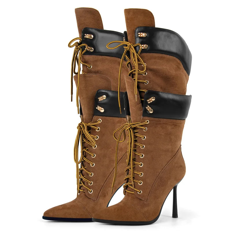Onlymaker Women Pointed Toe Double Stiletto High Heel Lace Up Mid-Calf Boots Fashion Sexy Lace Up Strappy Knee High Boots