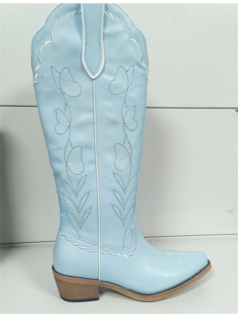 Onlymaker Women Pink Pointed Toe Pull-on Knee High Cowgirl Boots Big Size Comfy Female Mid Calf Chunky Heels Cowboy Boots