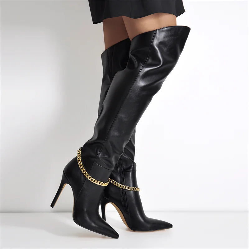 Onlymaker Pointed Toe Over The Knee Boots Women Black Side Zip Thin High Boots Big Size Lady Fashion Classic Winter Boots