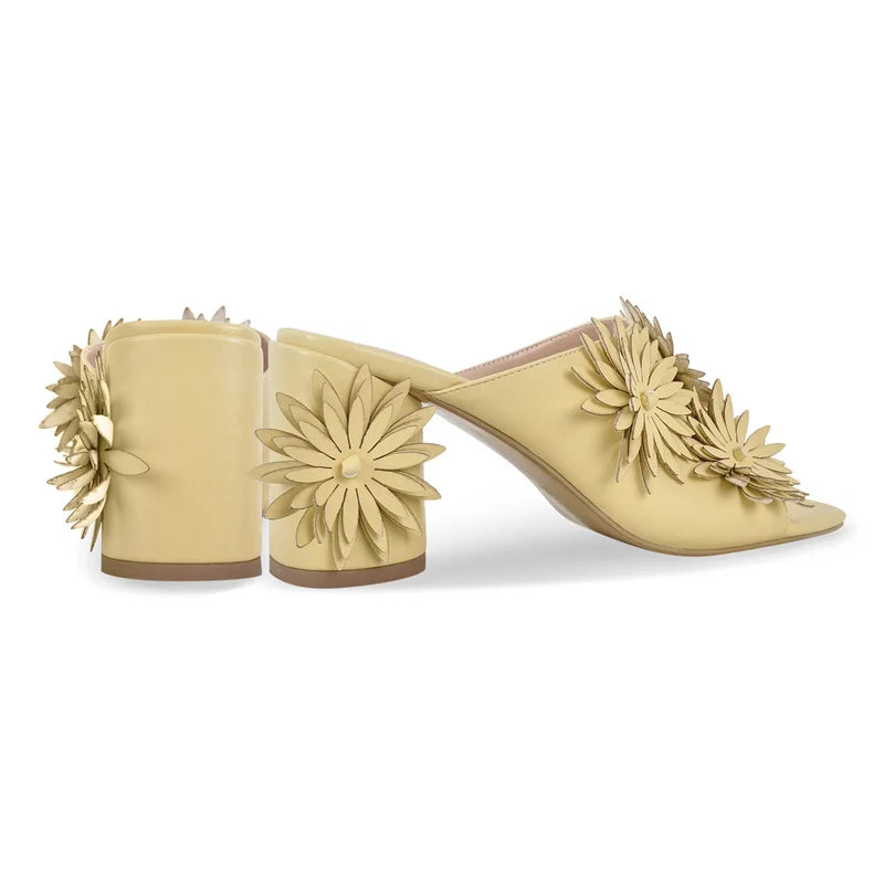 Women Square Toe Flower Mules Chunky Heels Slip On Summer Sandals