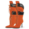 Onlymaker Women Pointed Toe Double Stiletto High Heel Lace Up Mid-Calf Boots Fashion Sexy Lace Up Strappy Knee High Boots