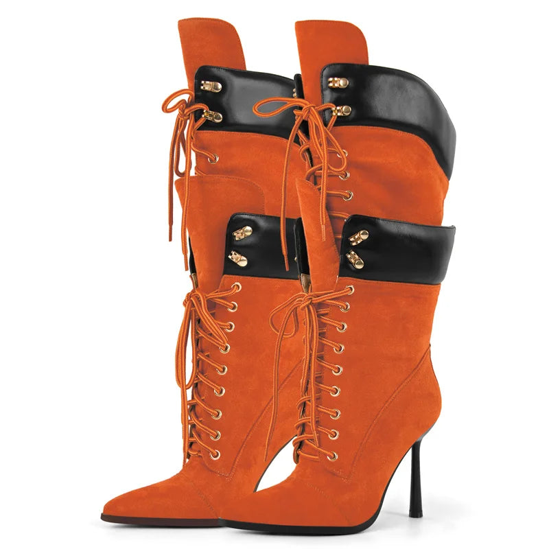 Onlymaker Women Pointed Toe Double Stiletto High Heel Lace Up Mid-Calf Boots Fashion Sexy Lace Up Strappy Knee High Boots