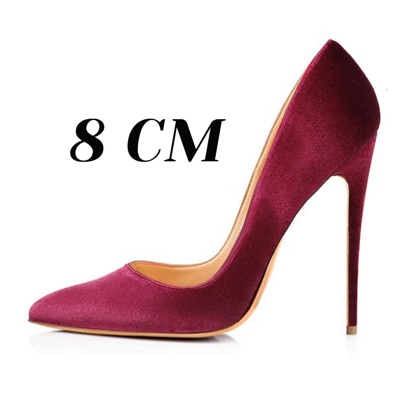 Women Stilettos Pointed Toe Thin High Heel Velvet Green Female Party Slip On Burgundy Pumps Plus Size US5-US15