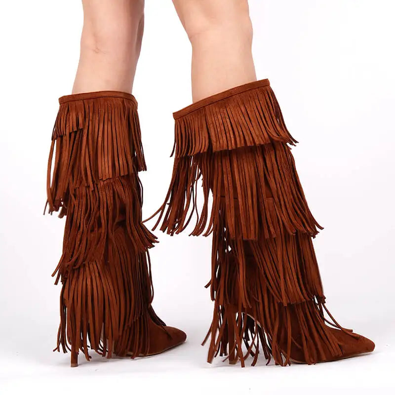Onlymaker Women Pointed Toe Fringe Boots Comfy Pull On Mid Calf Thin Heel Pull-on Knee High Boots