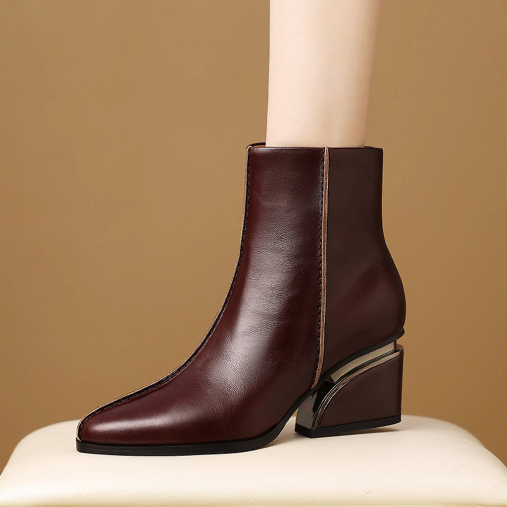 Newest High Heels Women Short Boots Elegant Square Toe Office Lady Shoes Genuine Leather Side Zipper Shoes 33-43