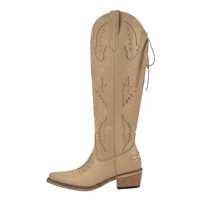 Onlymaker Women Cowgirl Boots Embroidery Lace-up Knee High Wide Calf Western Cowboy Boots