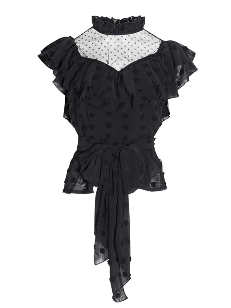 Ruffles Minimalist Shirts For Women Stand Collar Sleeveless Backless Patchwork Zipper Temperament Blouse Female Fashion New