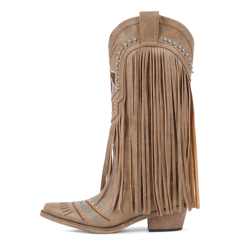 Onlymaker Women Pointed Toe Retro Fringe Pull On Western Cowgirl Boots Fringed Chunky Heel Embroidery Cowboy Boots