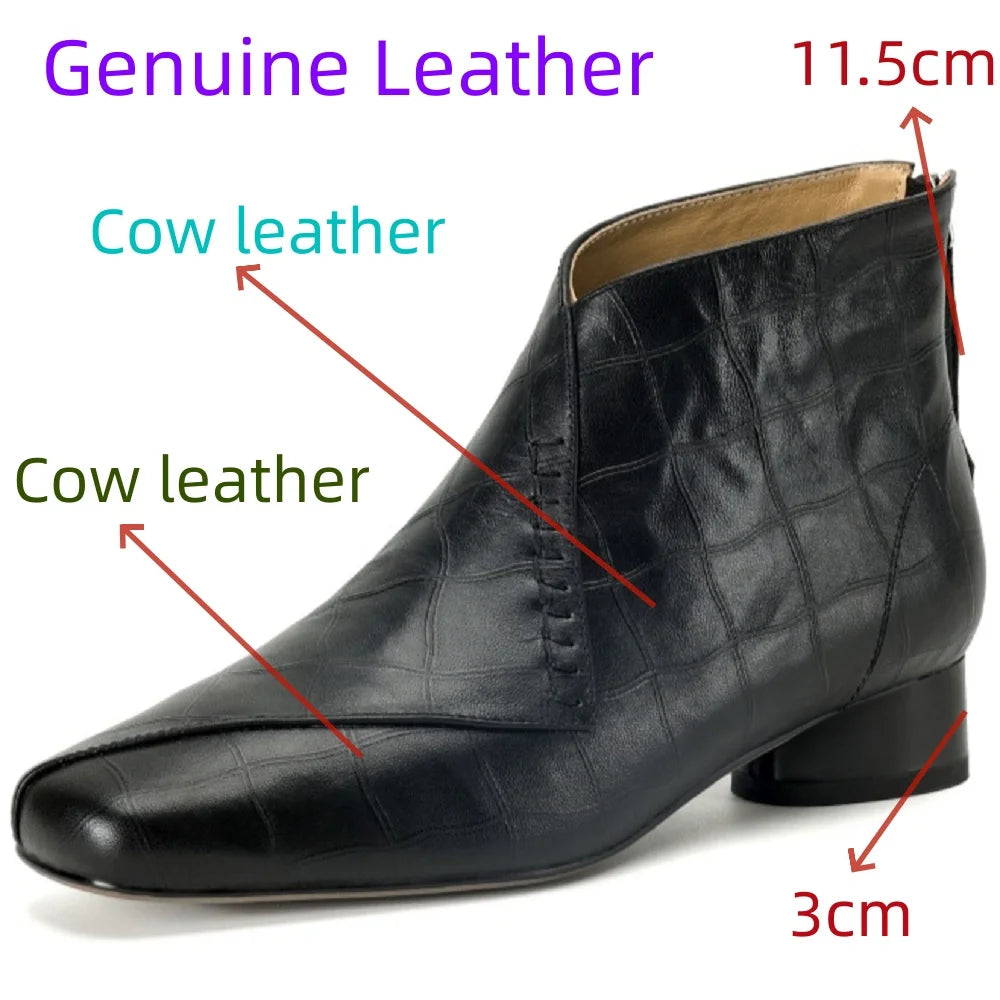 women's stone pattern cow leather square toe front Back ankle boots med heel casual short boots 34-40