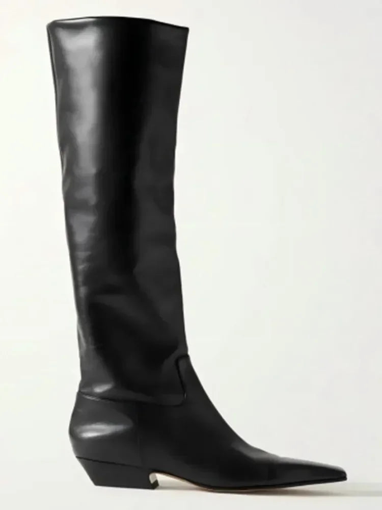 2026 Ladies' Low Heel Knee High Women's Boots Autumn and Winter Square Toe Leather Fashionable 34-46 Large Mid Length Boots