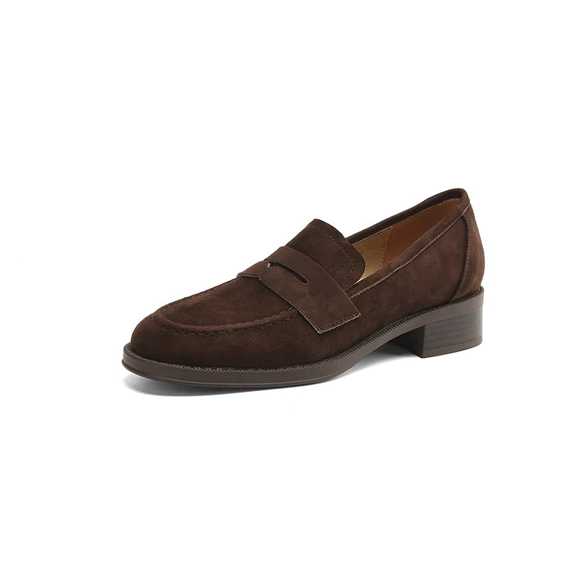 Spring Retro Genuine Kid Suede Loafers Women Slip On Low Thick Heels Pumps Female Comfort Daily Leather  Shoes