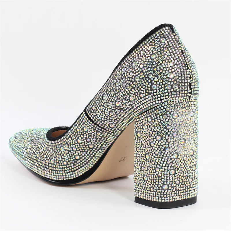 Women Rhinestone Pointed Toe Chunky Heel Pumps Slip On Thick Heel Wedding Office Dress Big Size Lady Shoes