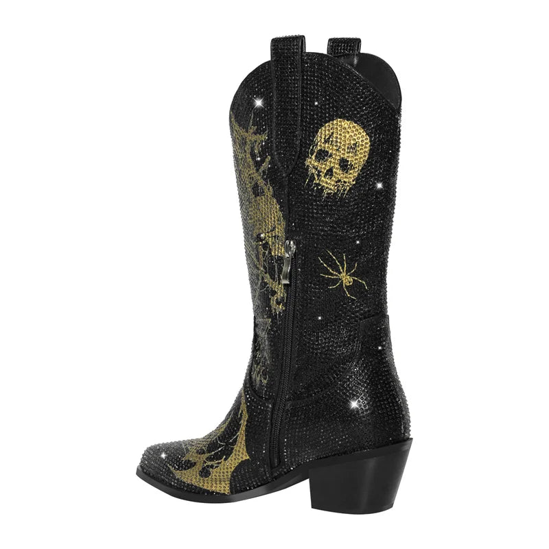 Women Rhinestone Handmade Mid-calf Western Boots