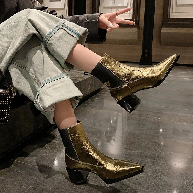 Brand Genuine Leather Pointed Toe High Heel Chelsea Boots Women's Winter British Style Coarse Heels Slip-On 33-40