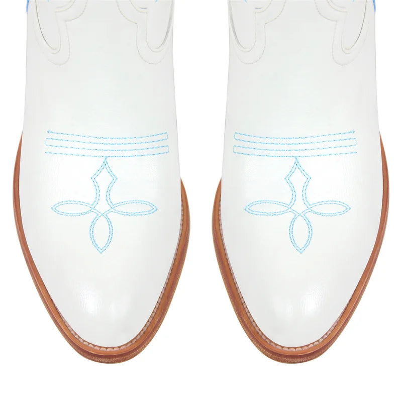 Onlymaker Women Pull-on Knee High Western Cowgirl Boots  Big Size Comfy Women White Stars Cowboy Boots