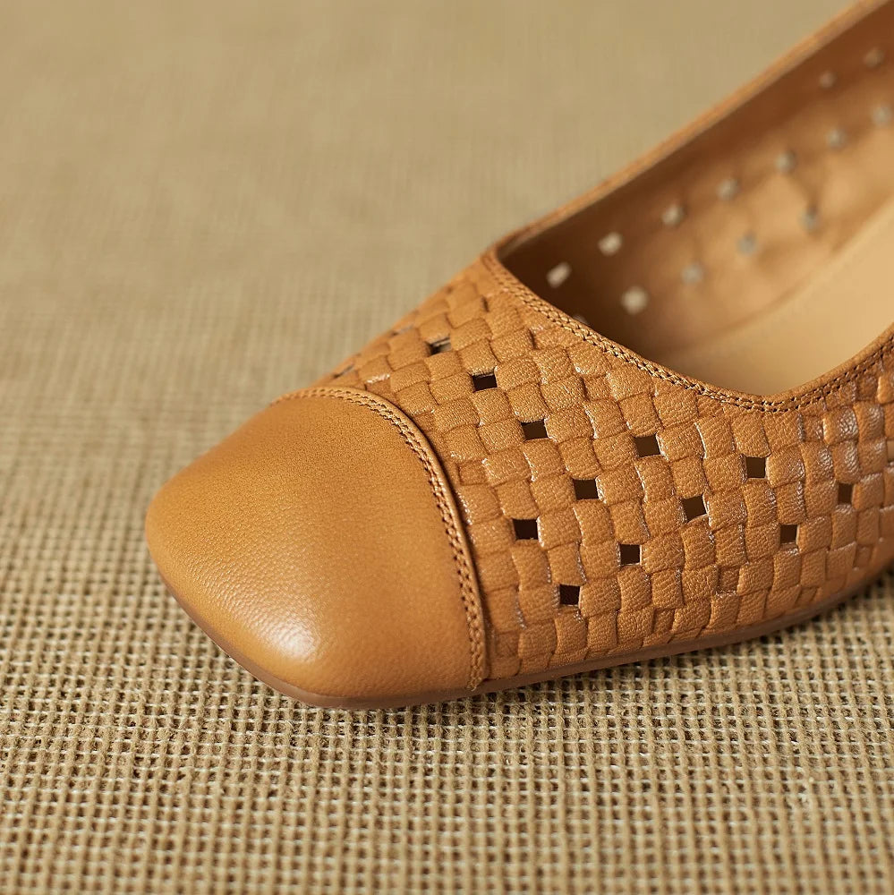 Women's hollow-out Handmade Genuine Leather patchwork summer breathable Mid heel elegant ladies daily slim 34-40