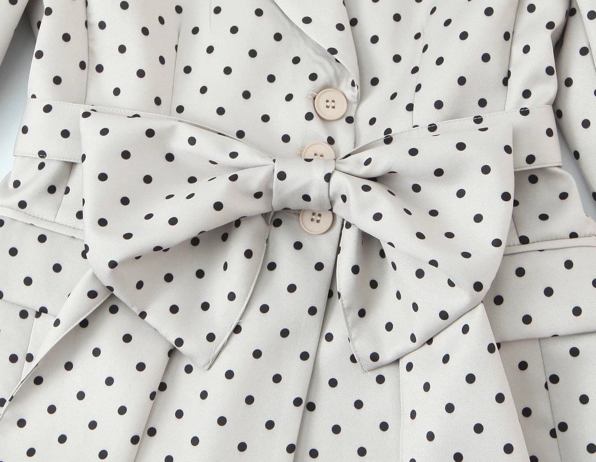 European and American Style New Women's Fashion Trendy Belted Bow Decorated Polka Dot Print Blazer Coat