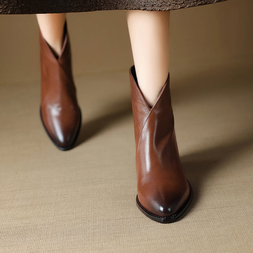 Women Handmade Genuine Leather Pointed Toe Chunky Heel Shoes Casual Zip Ankle Boots Western Boots 34-40