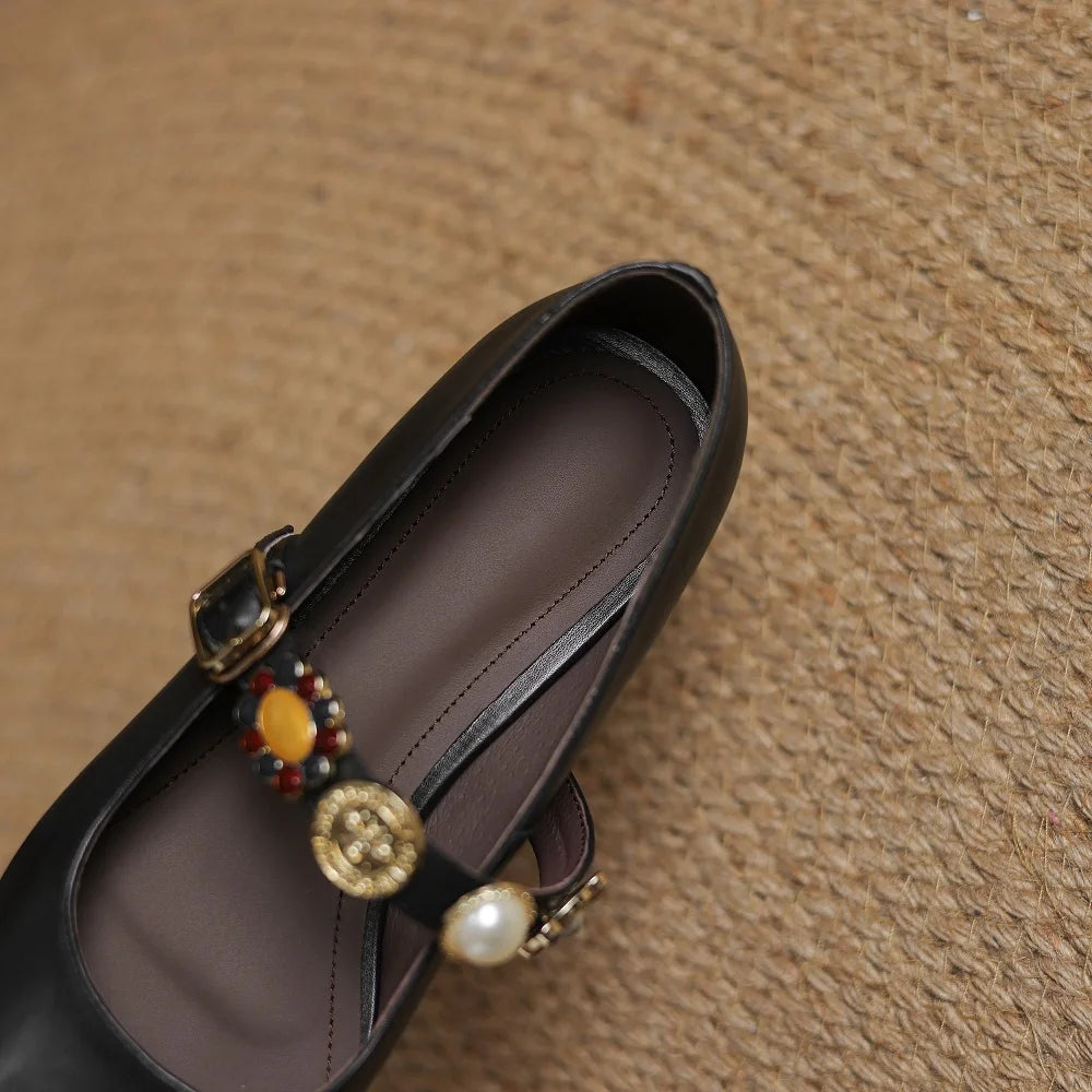 Handmade Genuine Leather round Toe Camellia Mary Jane Shoes Women's Retro Low Heel Single Shoes Comfortable