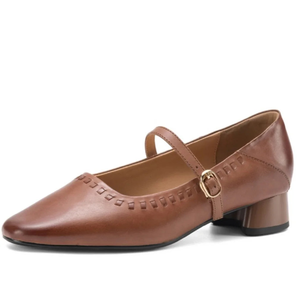 New Ladies Handmade Genuine Leather Mid Heel Bottom Lazy Easy to Wear Rubber Soft Bottom All Season Single 34-40