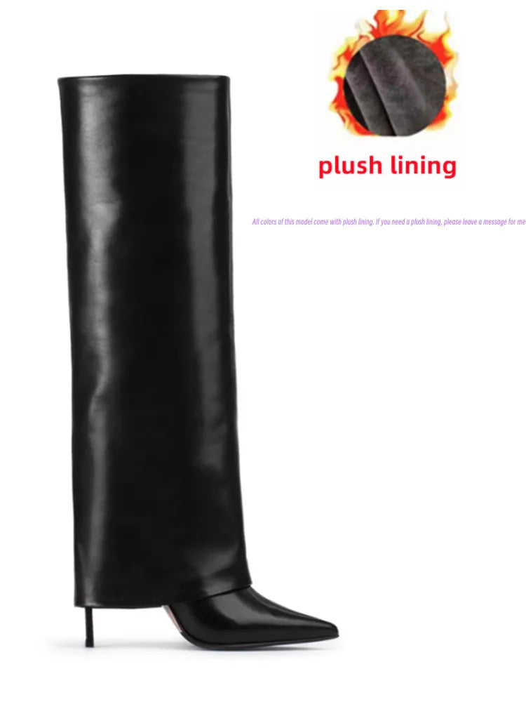 Autumn and Winter New Women's Knee High Leather Boots, Pointed Thin High-heeled Skirt Boots, Black Plus Size Long Boots