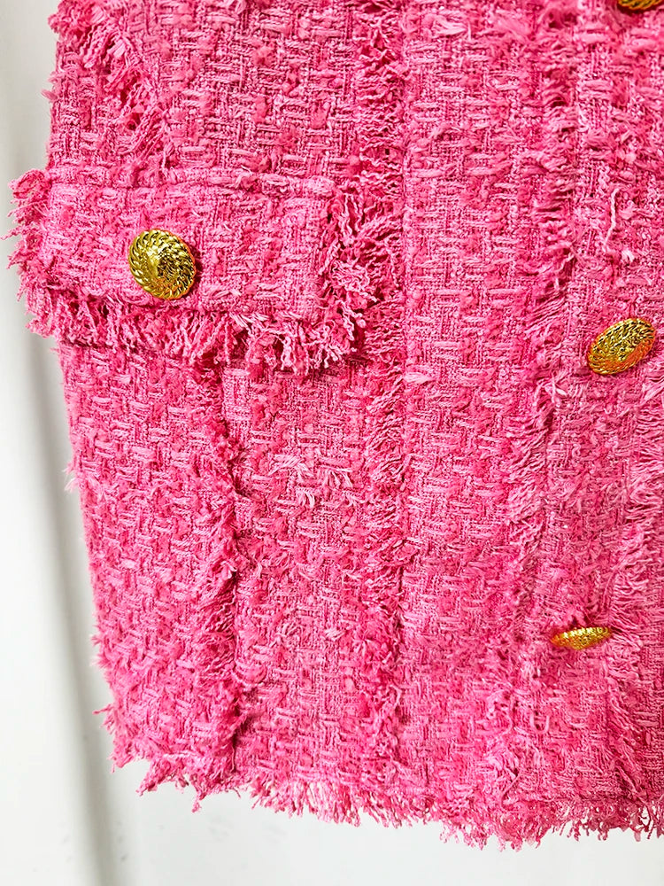 STREET Newest 2026 FW Designer Fashion Women's Short Sleeve Square Collar Lion Buttons Fringed Tweed Dress