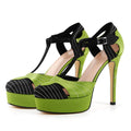 Women Green Platform Round Toe T-Strap Pumps Thin High Heels