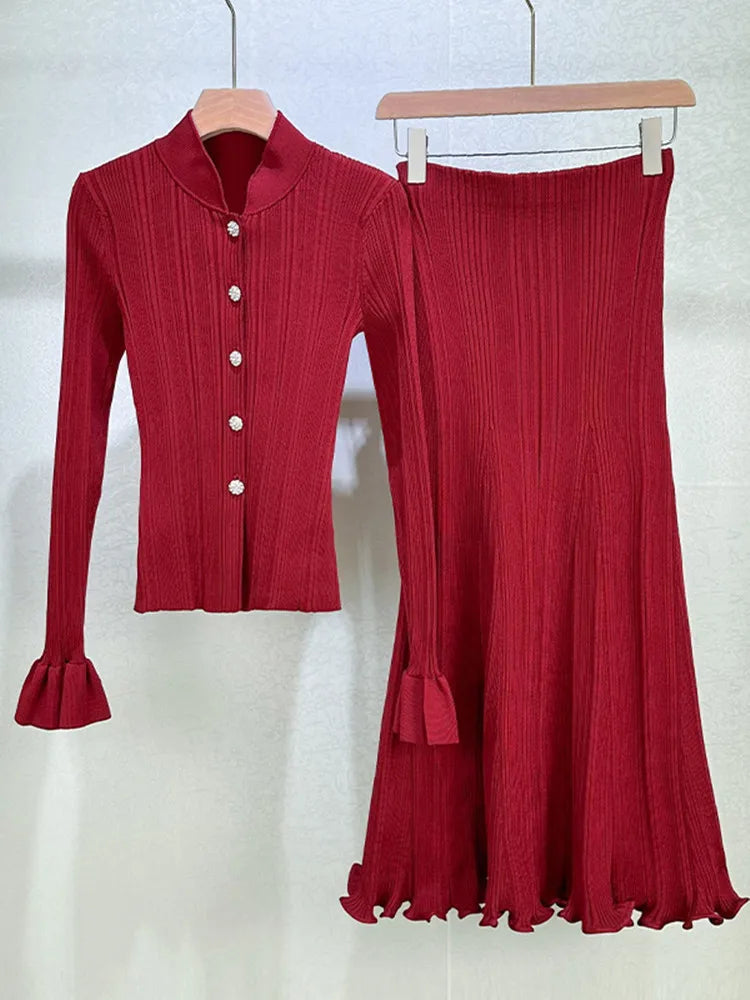 Red Stand Collar Women's Stretch Sweater Top Long