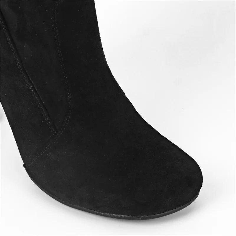 Onlymaker Women Square Toe Flock Over The Knee Boots Side Zipper  Shaped Heel Thigh High Boots