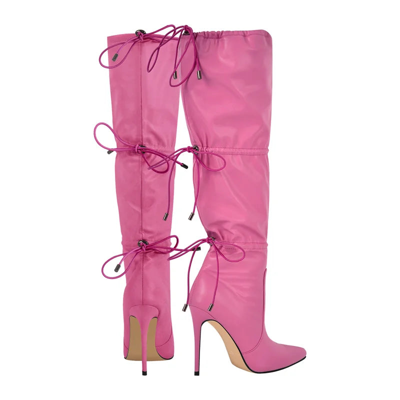 Onlymaker Women Pink Faux Leather Drawstring Knee High Boots 10.5cm Thin Heels Big Size  Boots