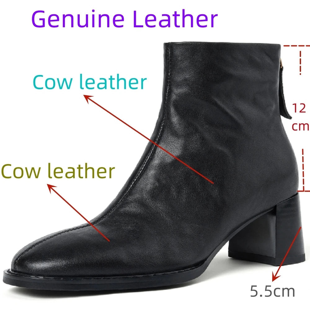Handmade Genuine Leather Soft and comfortable Ankle Boots Women Booties Chunky Mid Heels Square Toe Shoes 34-40