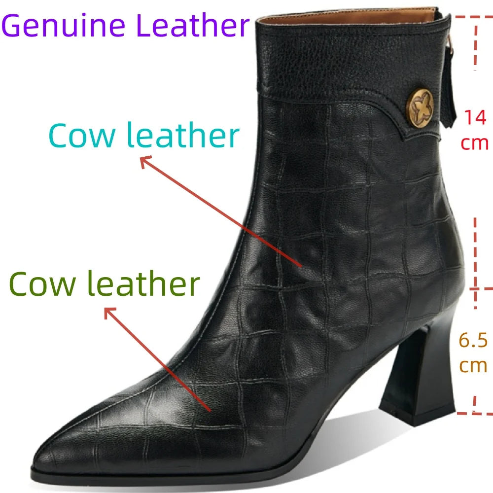 Women Handmade Genuine Leather Soft and comfortable Pointed Toe Chunky Heel Boots 34-40