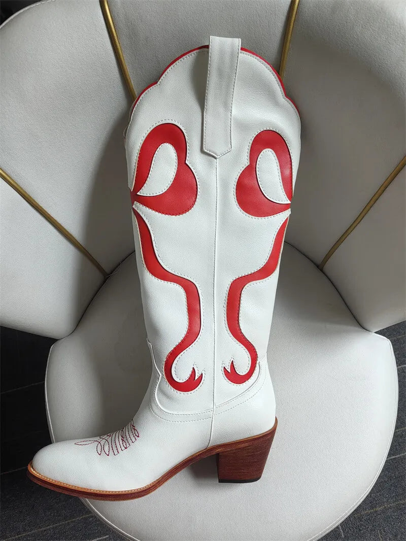 Onlymaker Women White  Pull-on Knee High Cowgirl Boots with Bow  Big Size Comfy Women Cowboy Boots