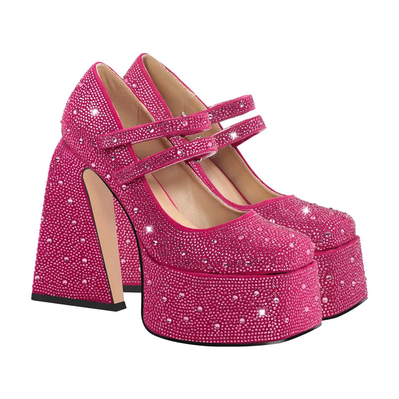 Women Platform Pumps Mary-Jane Rhinestone Chunky High Heels Ankle Strap Dress Party Punk Shoes
