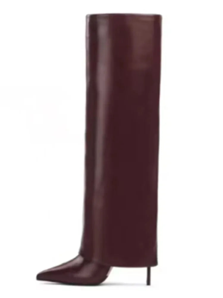 Autumn and Winter New Women's Knee High Leather Boots, Pointed Thin High-heeled Skirt Boots, Black Plus Size Long Boots