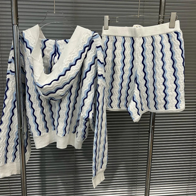 2026 Autumn New Fashion Elegant Women's Two-pieces Set Versatile Long Sleeve Knitted Top Striped Shorts Female 11A05644