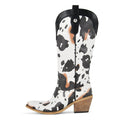 Onlymaker Women Pointed Toe Rivet Knee High Western Cowgirl Chunky Heel Embroidery Pull On Cowboy Boots