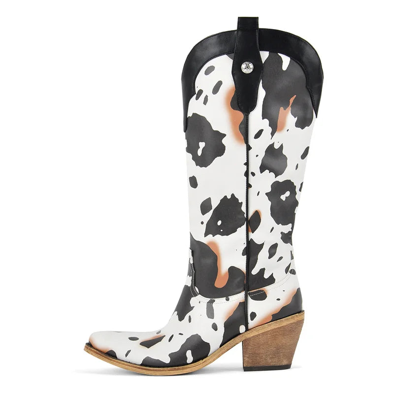 Onlymaker Women Pointed Toe Rivet Knee High Western Cowgirl Chunky Heel Embroidery Pull On Cowboy Boots