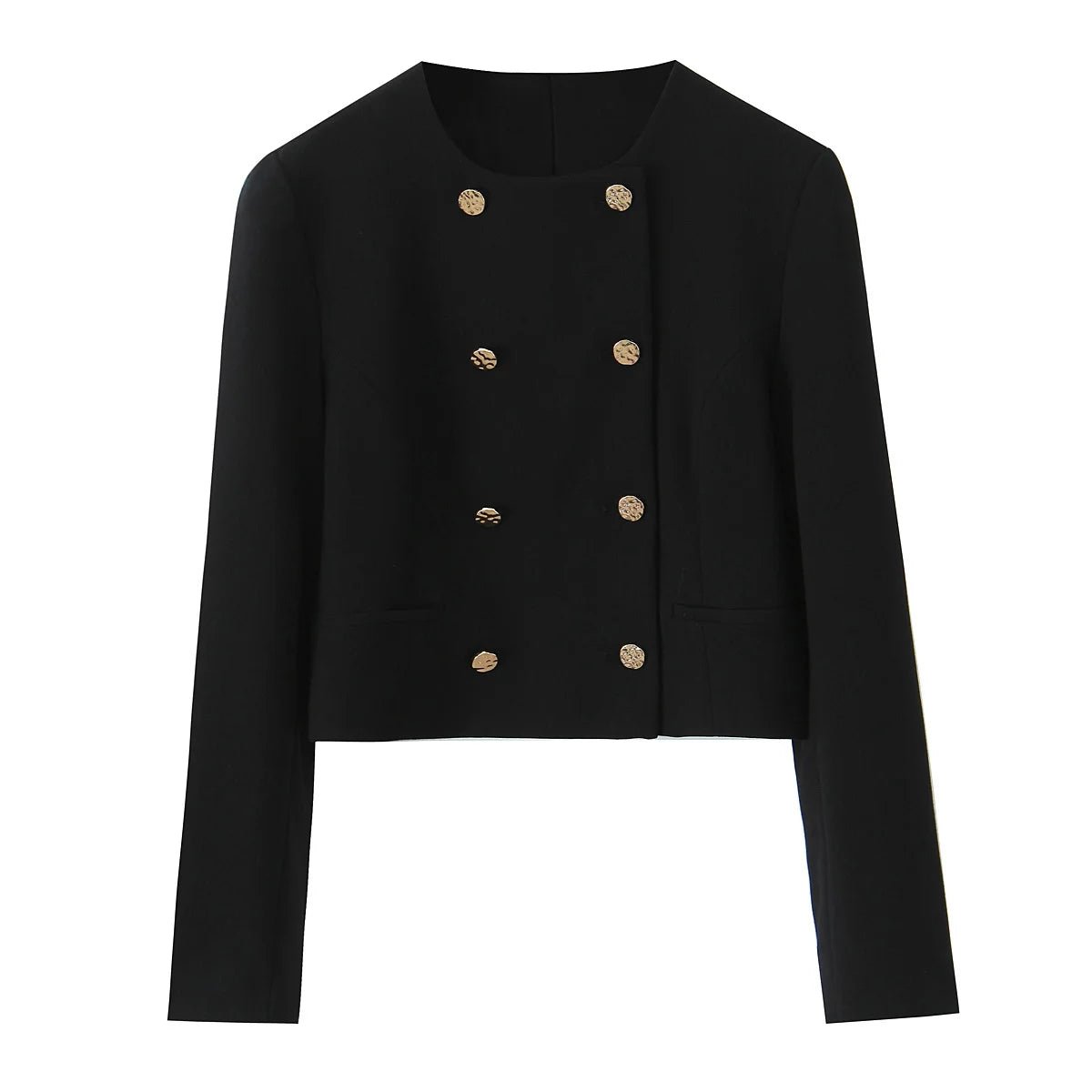 Women Cropped Double Breasted Blazer Jacket O-neck Long Sleeves for Office Lady Outerwear Coat
