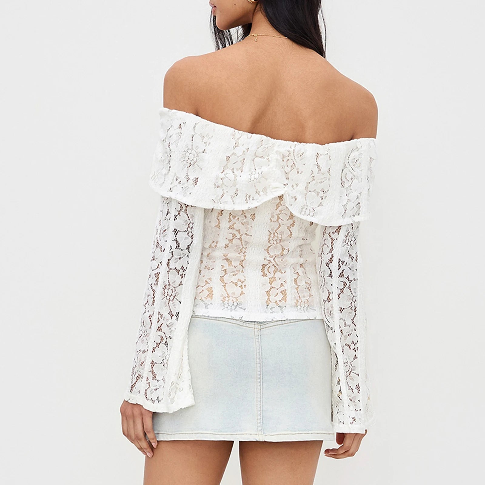 Elegant Women Off Shoulder Lace Tops Slim Fit Tie-up Long Flare Sleeve Backless Tee Shirts Trendy Blouse Streertwear