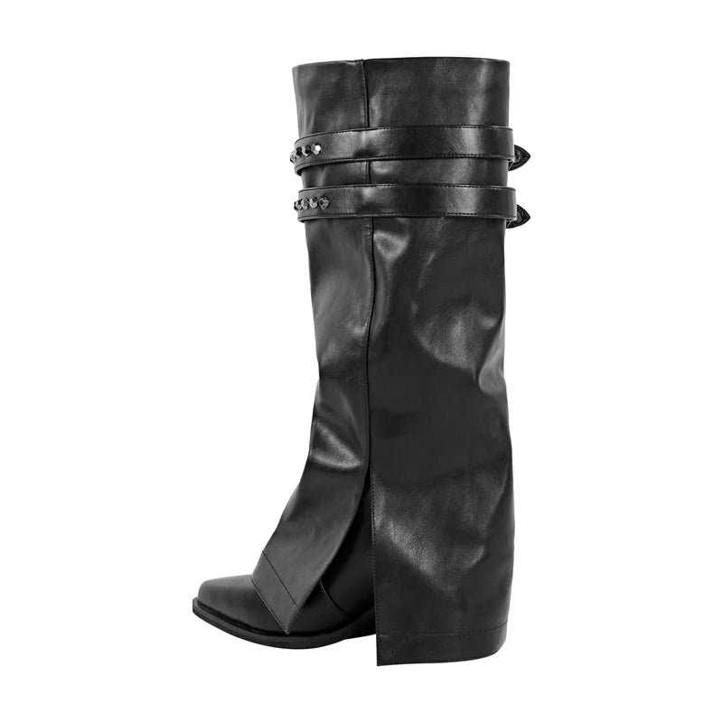 Onlymaker Women Pointed Toe Mid-Calf Boot Matte Black Sewing Embroidered Thick Heels Zipper Winter  Big Size Cowboy Boots