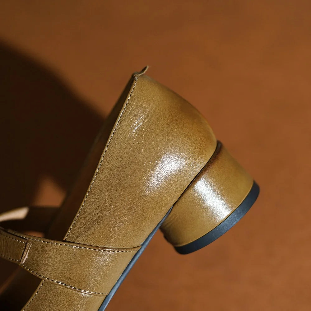 Brand Design Women Genuine Leather Mary Jane Pumps Low Heels Comfort Leather Buckles Casual Shoes Woman 34-42