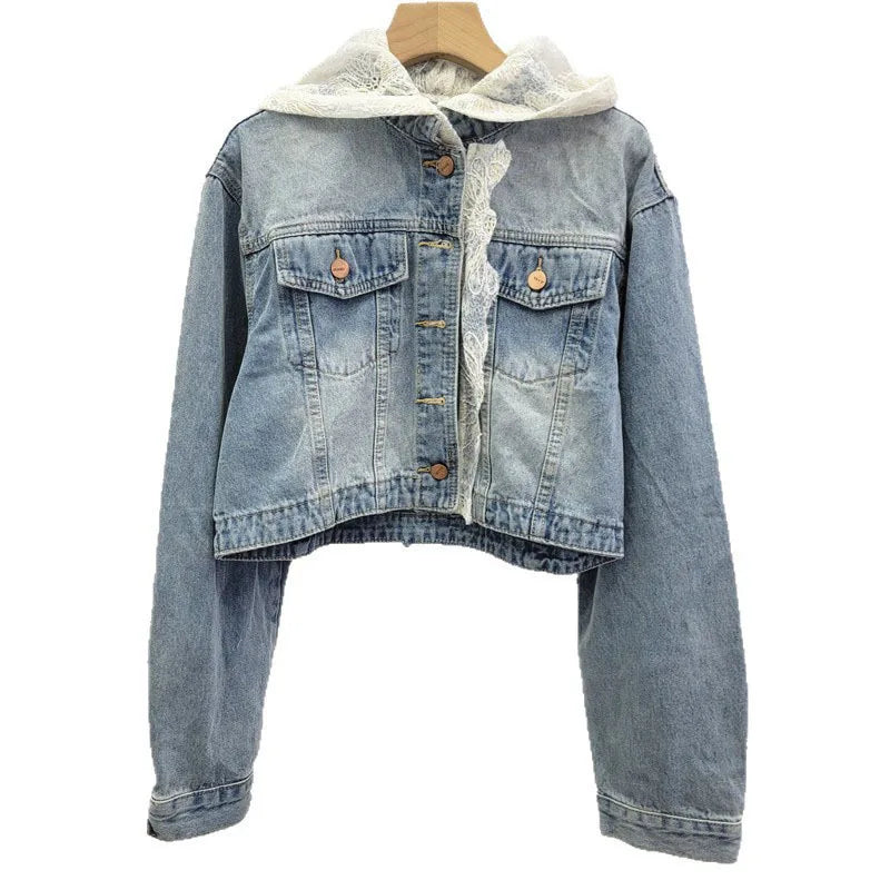 2026  Jeans Jacket Fashion New Style Lace Patchwork Hooded Denim Short Jacket For Women Single-breasted Coat Female Trend 11A08133