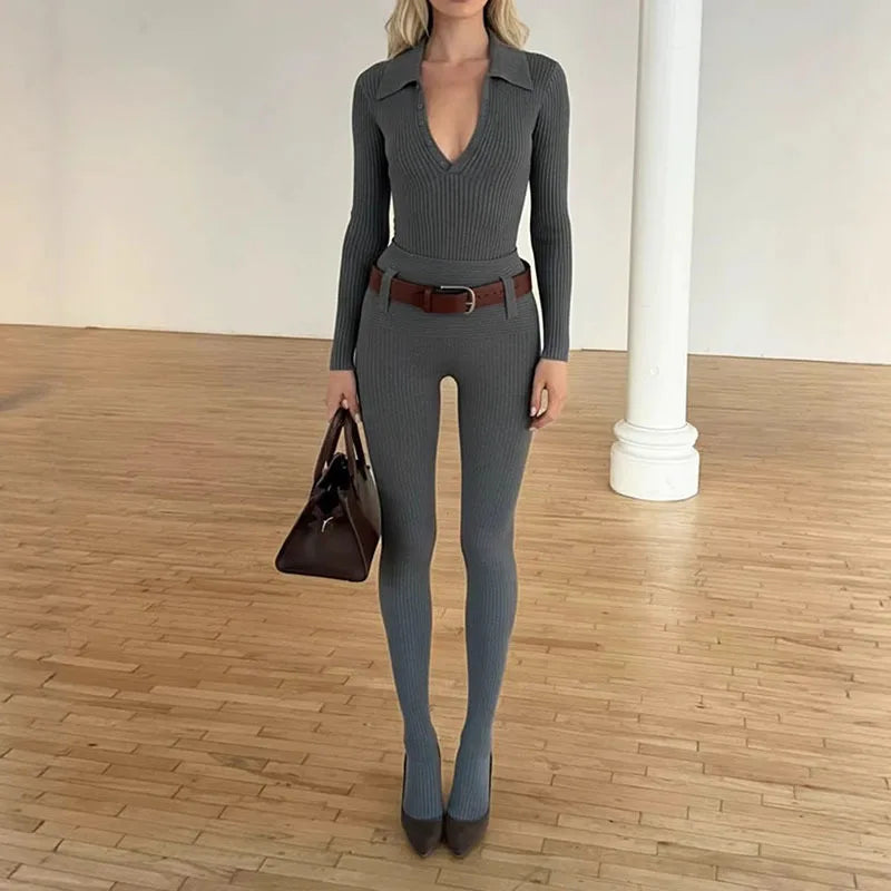 2026 Fashion New Items Slim Fit Lapel Ribbed Knit Jumpsuit For Women Solid Color Stretch With Belt Long Pants 11A08523