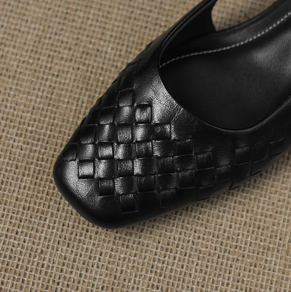 Handmade Genuine Leather Woven Slip-On Bean oes with Mid Heel for Women Comfortable Commuting Footwear 34-40
