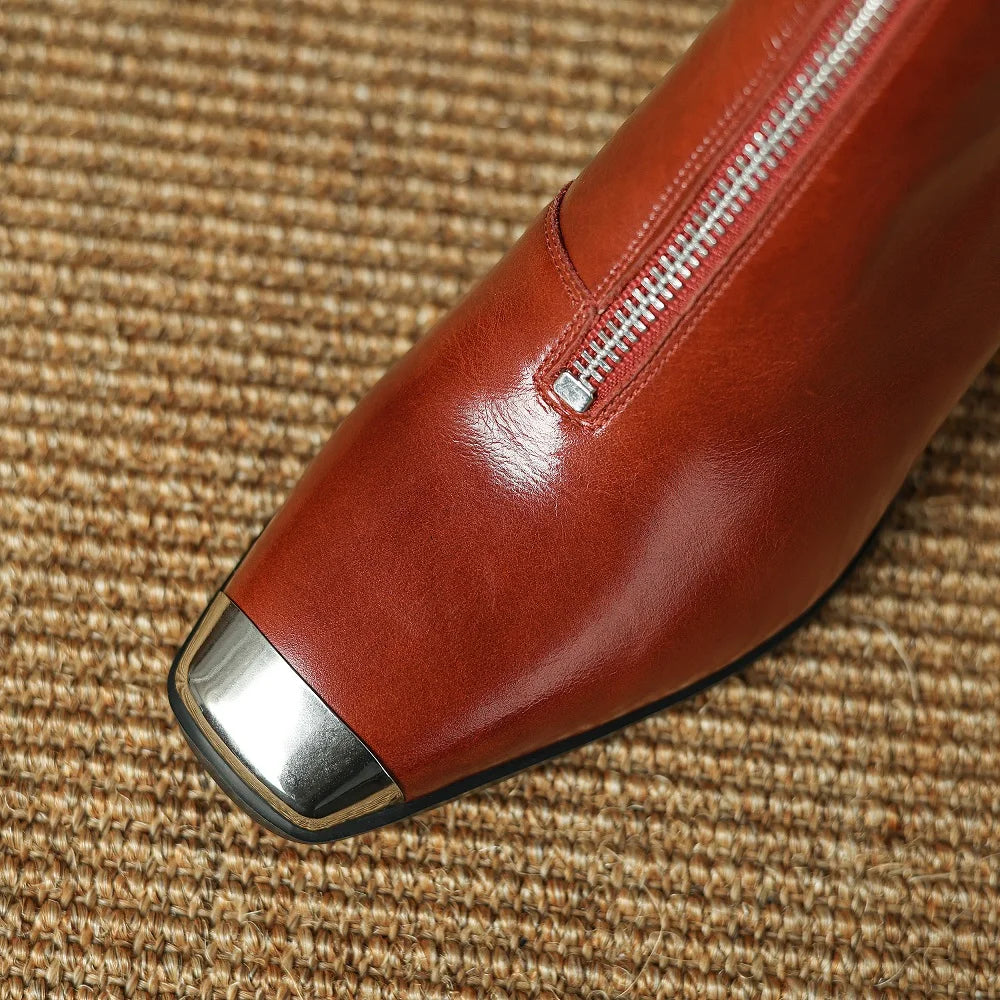 Women Handmade Genuine Leather Ankle Boots Metal High Heels Shoes Winter Square Toe Dress Lady Short Boots 34-40
