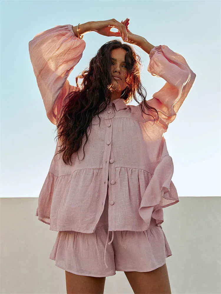 Casual Loose Female 2 Piece-Set Shorts Ruffled Lapel Shirts Top And High Waist Shorts Sets Summer Beach Holiday Outfits