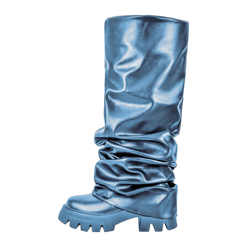 Onlymaker Women Green Round Toe Fold Over Boots Webs Fashion Handmade Female Mid-Calf Boots