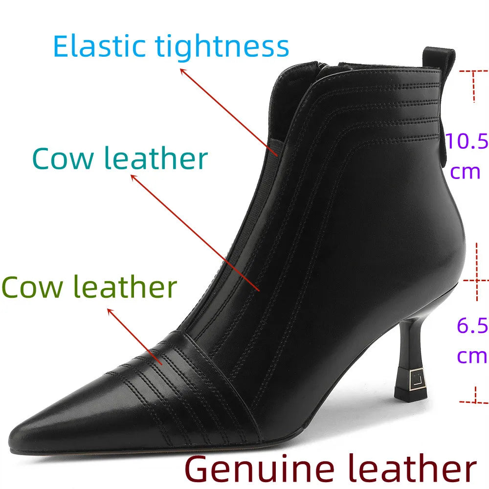Sexy Pointed Toe Women Full Genuine Leather Ankle Boots Slip On Solid Color Super High Thin Heels Handmade For 42